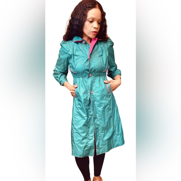 Vintage Rothschild Vibrant Teal and Pink Rain Coat Jacket w/ Detachable Hood S - Picture 1 of 8